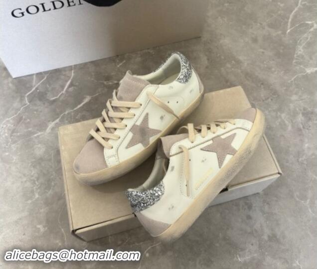 Good Quality Golden Goose Super-Star Sneakers in White Leather and Grey Suede with Silver Glitter Star 0530020