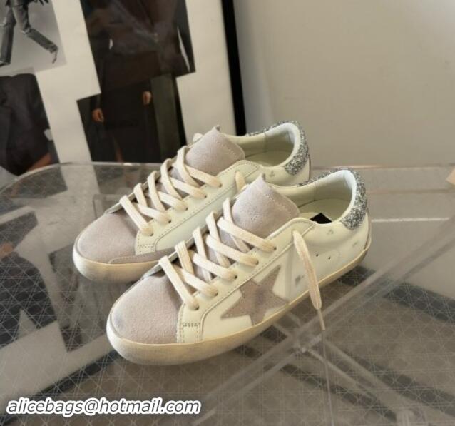 Good Quality Golden Goose Super-Star Sneakers in White Leather and Grey Suede with Silver Glitter Star 0530020