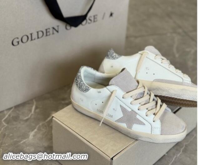 Good Quality Golden Goose Super-Star Sneakers in White Leather and Grey Suede with Silver Glitter Star 0530020