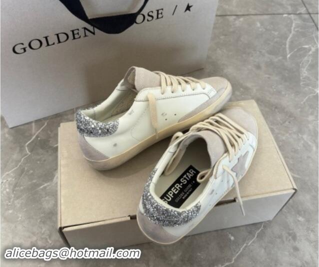 Good Quality Golden Goose Super-Star Sneakers in White Leather and Grey Suede with Silver Glitter Star 0530020