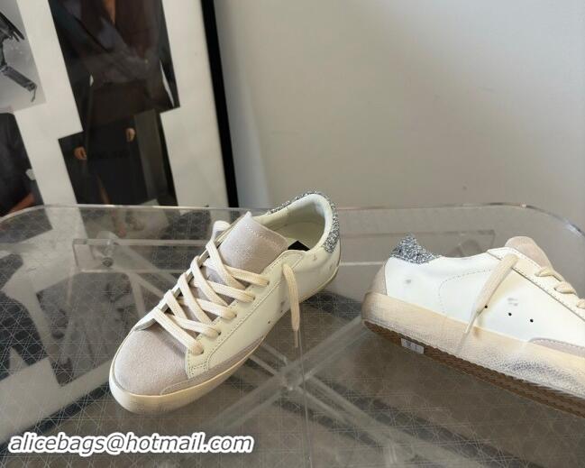 Good Quality Golden Goose Super-Star Sneakers in White Leather and Grey Suede with Silver Glitter Star 0530020