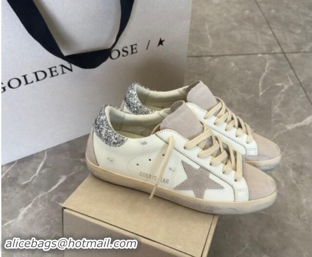 Good Quality Golden Goose Super-Star Sneakers in White Leather and Grey Suede with Silver Glitter Star 0530020