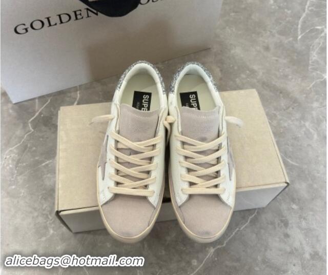 Good Quality Golden Goose Super-Star Sneakers in White Leather and Grey Suede with Silver Glitter Star 0530020