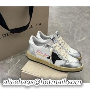 Luxurious Golden Goose Ball Star Sneakers in white mesh with black glitter star and silver inserts 530023