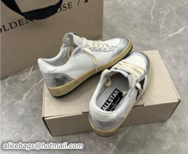 Luxurious Golden Goose Ball Star Sneakers in white mesh with black glitter star and silver inserts 530023