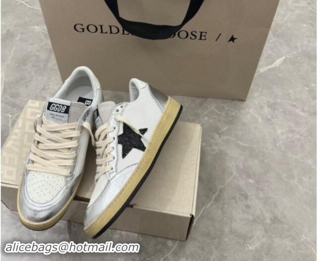 Luxurious Golden Goose Ball Star Sneakers in white mesh with black glitter star and silver inserts 530023