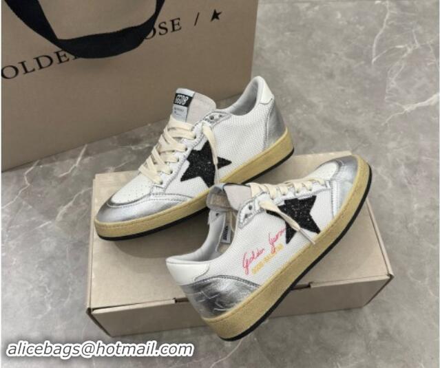 Luxurious Golden Goose Ball Star Sneakers in white mesh with black glitter star and silver inserts 530023