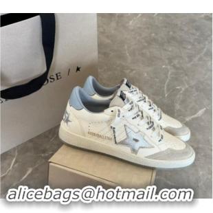 Perfect Golden Goose Ball Star Sneakers in white leather with silver star and light blue tab 0530025