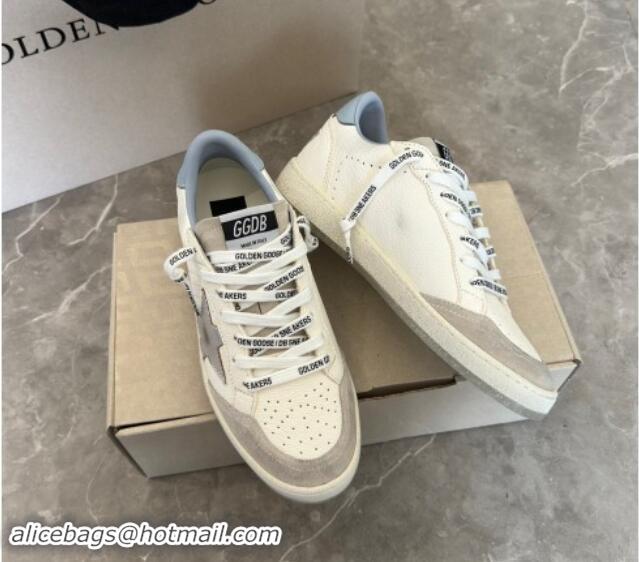 Perfect Golden Goose Ball Star Sneakers in white leather with silver star and light blue tab 0530025