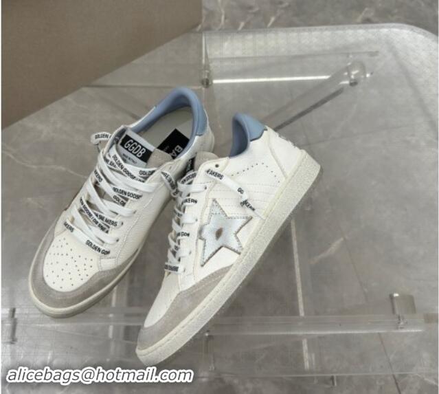 Perfect Golden Goose Ball Star Sneakers in white leather with silver star and light blue tab 0530025