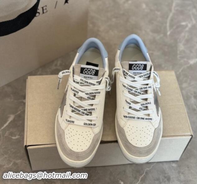 Perfect Golden Goose Ball Star Sneakers in white leather with silver star and light blue tab 0530025