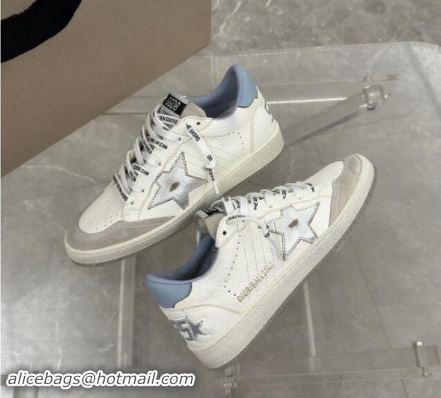 Perfect Golden Goose Ball Star Sneakers in white leather with silver star and light blue tab 0530025