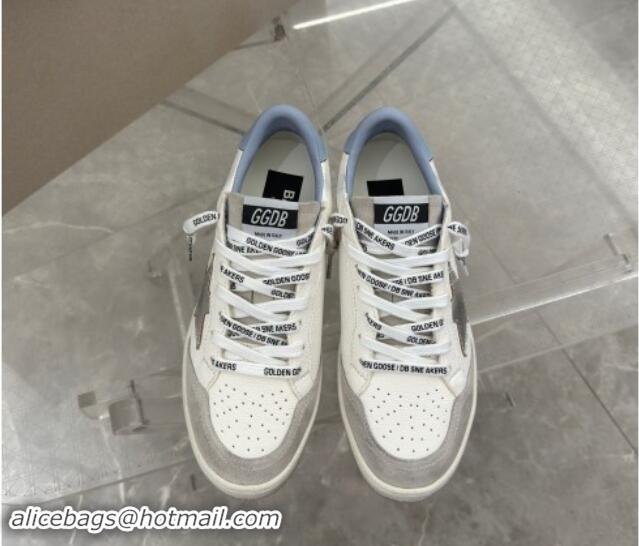 Perfect Golden Goose Ball Star Sneakers in white leather with silver star and light blue tab 0530025