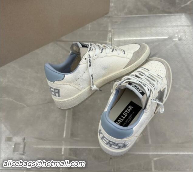 Perfect Golden Goose Ball Star Sneakers in white leather with silver star and light blue tab 0530025