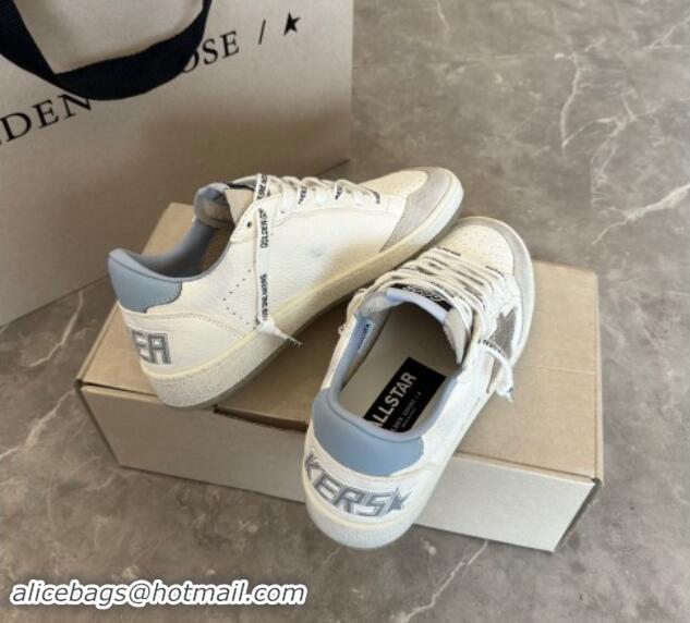 Perfect Golden Goose Ball Star Sneakers in white leather with silver star and light blue tab 0530025