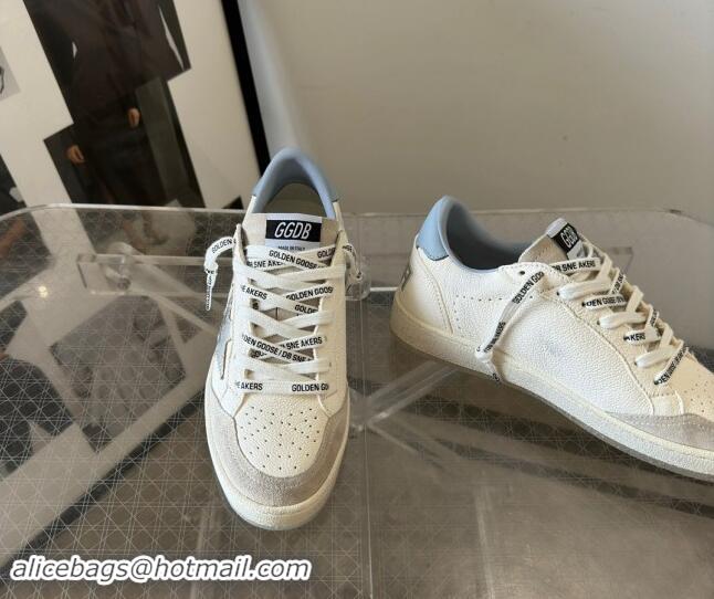 Perfect Golden Goose Ball Star Sneakers in white leather with silver star and light blue tab 0530025