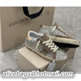 Classic Golden Goose Women's Super-Star sneakers in silver glitter with dove-gray suede star 0702112