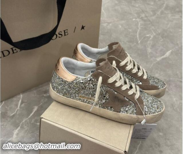 Classic Golden Goose Women's Super-Star sneakers in silver glitter with dove-gray suede star 0702112