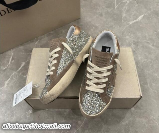 Classic Golden Goose Women's Super-Star sneakers in silver glitter with dove-gray suede star 0702112