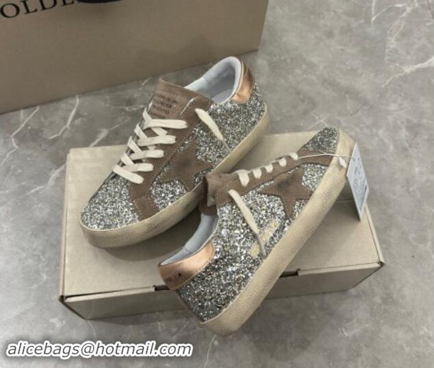 Classic Golden Goose Women's Super-Star sneakers in silver glitter with dove-gray suede star 0702112