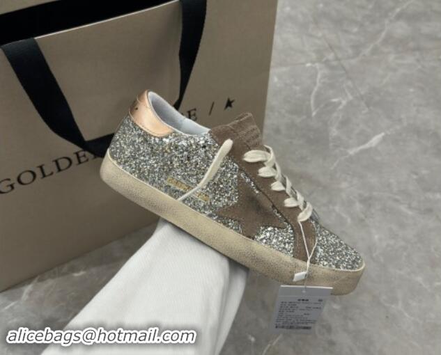 Classic Golden Goose Women's Super-Star sneakers in silver glitter with dove-gray suede star 0702112