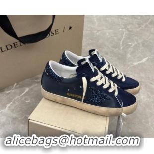 Stylish Golden Goose Women's Super-Star in navy blue nappa with black star and glitter heel tab 702118