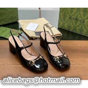 Good Quality Gucci Horsebit Slingbacks Pumps 5.5cm in Patent Leather Black 7230119