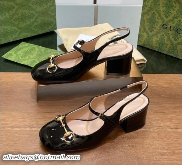 Good Quality Gucci Horsebit Slingbacks Pumps 5.5cm in Patent Leather Black 7230119