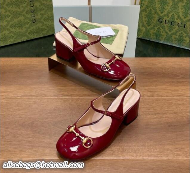 Pretty Style Gucci Horsebit Slingbacks Pumps 5.5cm in Patent Leather Burgundy 7230120