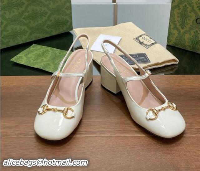 Grade Quality Gucci Horsebit Slingbacks Pumps 5.5cm in Patent Leather White 7230122