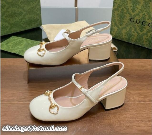 Grade Quality Gucci Horsebit Slingbacks Pumps 5.5cm in Patent Leather White 7230122