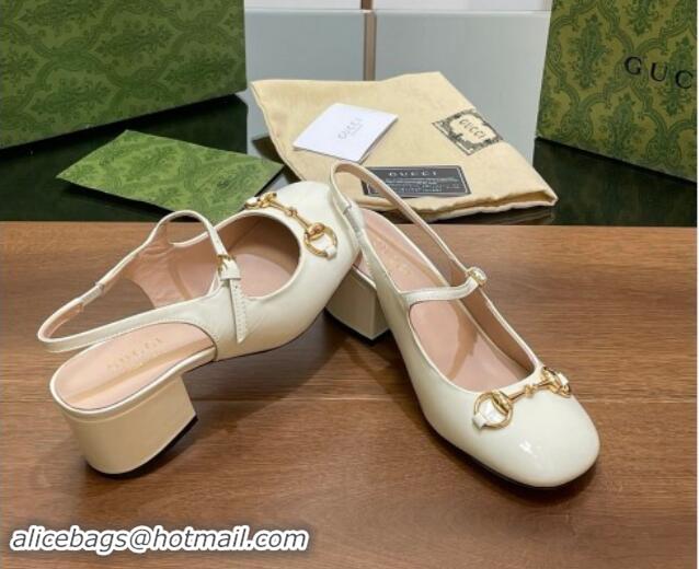 Grade Quality Gucci Horsebit Slingbacks Pumps 5.5cm in Patent Leather White 7230122