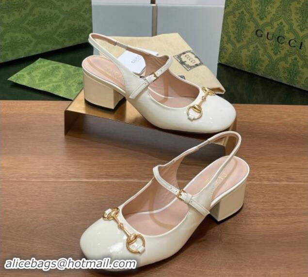 Grade Quality Gucci Horsebit Slingbacks Pumps 5.5cm in Patent Leather White 7230122