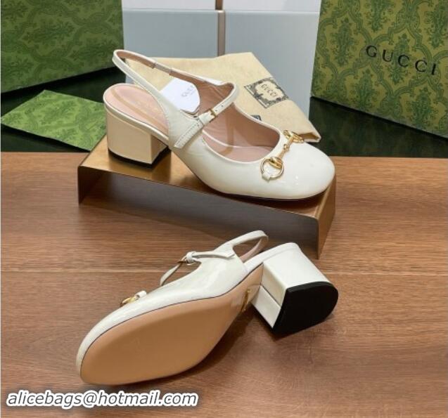 Grade Quality Gucci Horsebit Slingbacks Pumps 5.5cm in Patent Leather White 7230122