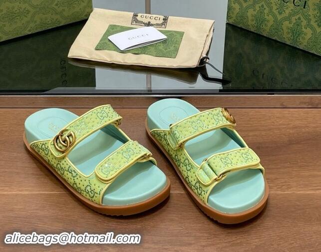 Good Looking Gucci Strass GG Canvas Flat Slides Sandal with Double G Light Green 7230124