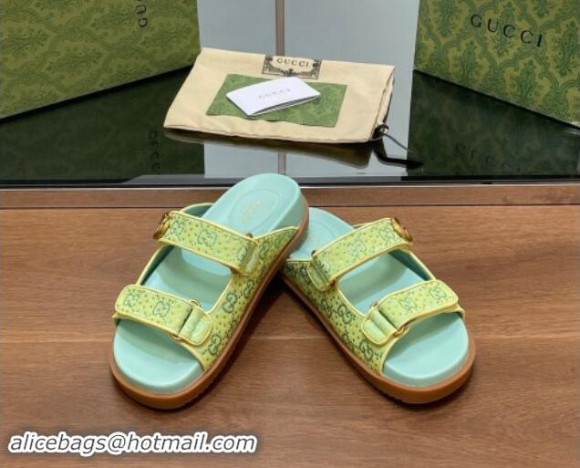 Good Looking Gucci Strass GG Canvas Flat Slides Sandal with Double G Light Green 7230124