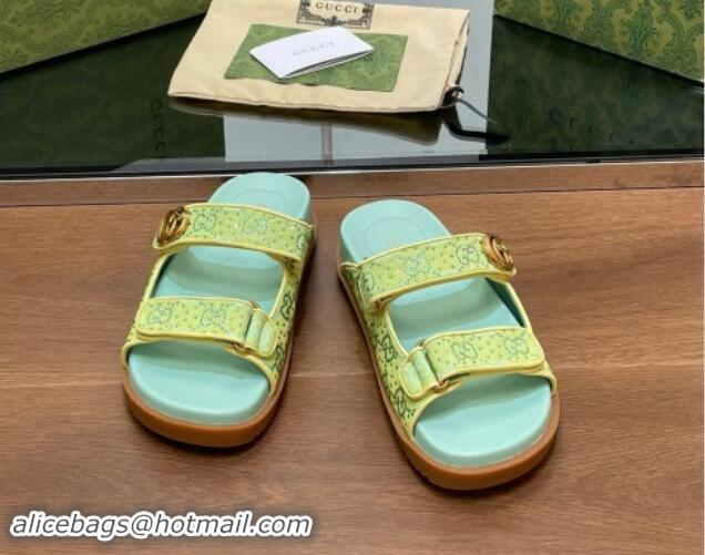 Good Looking Gucci Strass GG Canvas Flat Slides Sandal with Double G Light Green 7230124