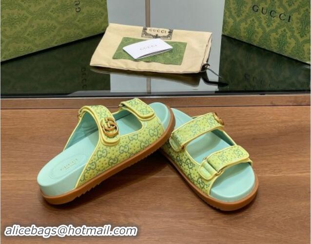 Good Looking Gucci Strass GG Canvas Flat Slides Sandal with Double G Light Green 7230124