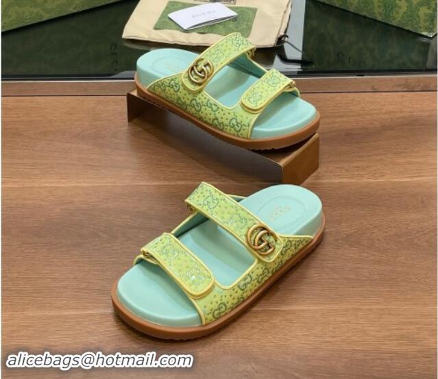 Good Looking Gucci Strass GG Canvas Flat Slides Sandal with Double G Light Green 7230124