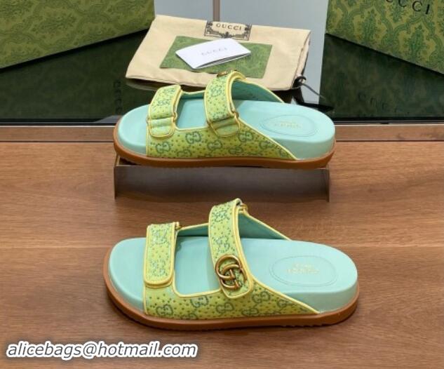 Good Looking Gucci Strass GG Canvas Flat Slides Sandal with Double G Light Green 7230124