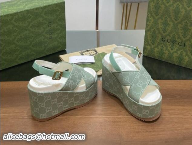 Luxurious Gucci GG Denim Platform Wedge Sandals Green 7230131