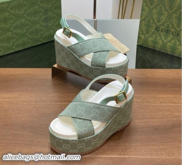 Luxurious Gucci GG Denim Platform Wedge Sandals Green 7230131