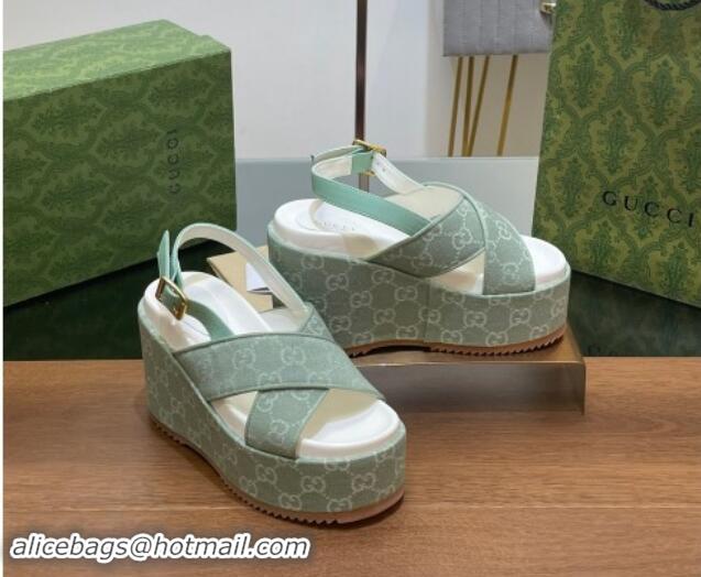 Luxurious Gucci GG Denim Platform Wedge Sandals Green 7230131