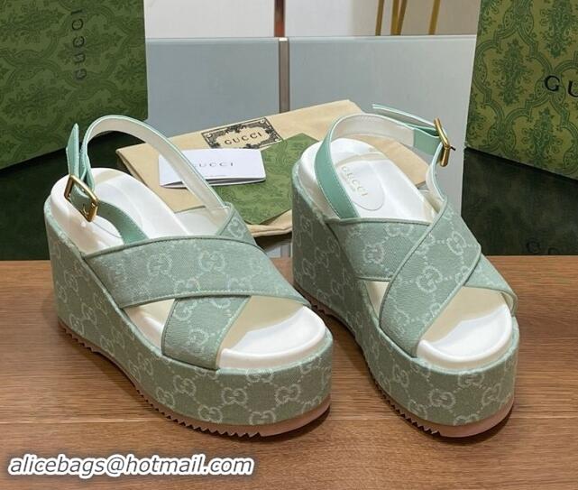 Luxurious Gucci GG Denim Platform Wedge Sandals Green 7230131