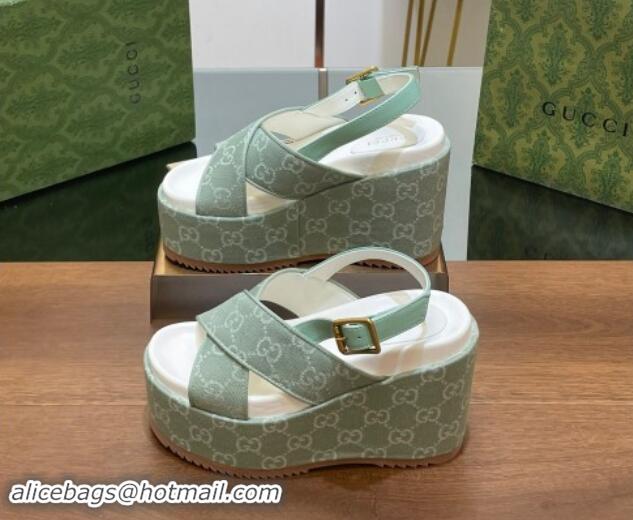 Luxurious Gucci GG Denim Platform Wedge Sandals Green 7230131