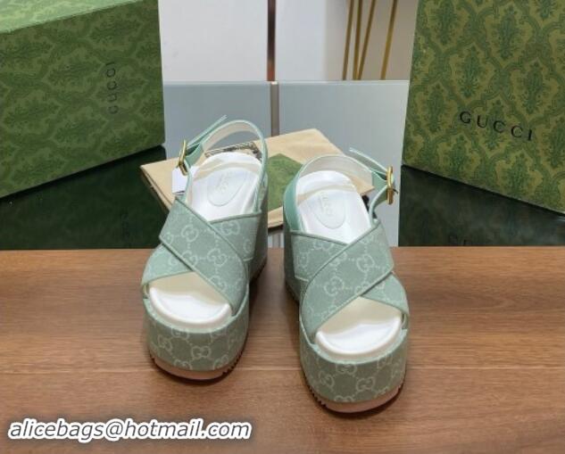 Luxurious Gucci GG Denim Platform Wedge Sandals Green 7230131