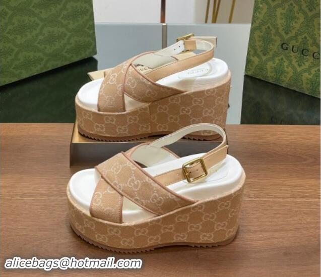 Shop Duplicate Gucci GG Denim Platform Wedge Sandals Beige 7230132