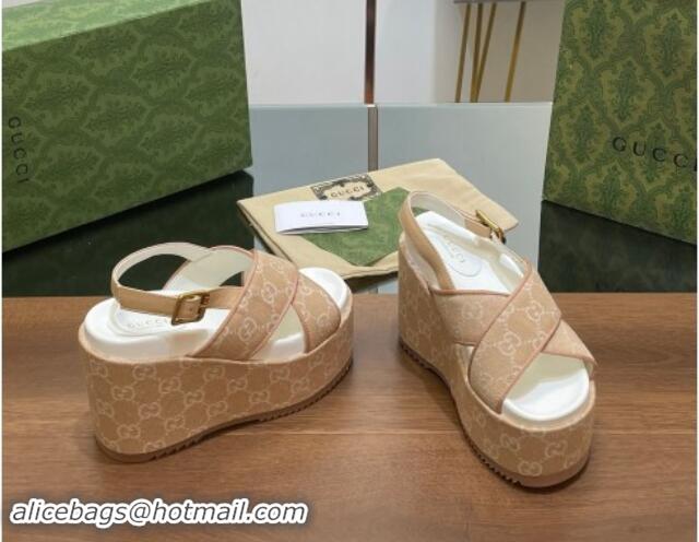 Shop Duplicate Gucci GG Denim Platform Wedge Sandals Beige 7230132