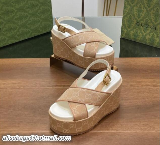 Shop Duplicate Gucci GG Denim Platform Wedge Sandals Beige 7230132