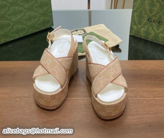 Shop Duplicate Gucci GG Denim Platform Wedge Sandals Beige 7230132